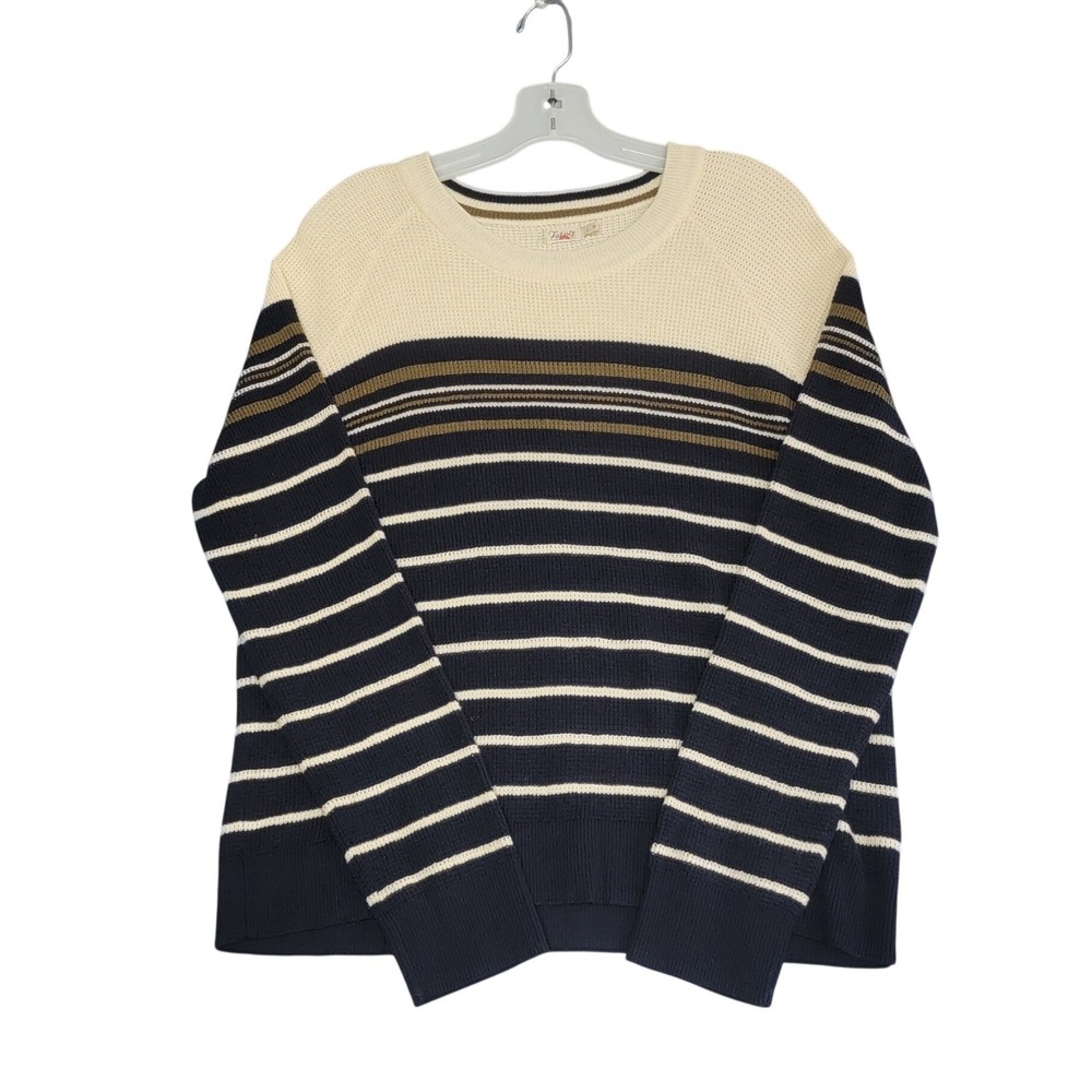 Faherty Striped Sweater Womens L Navy Cream Organic Cotton Cashmere Blend Knit